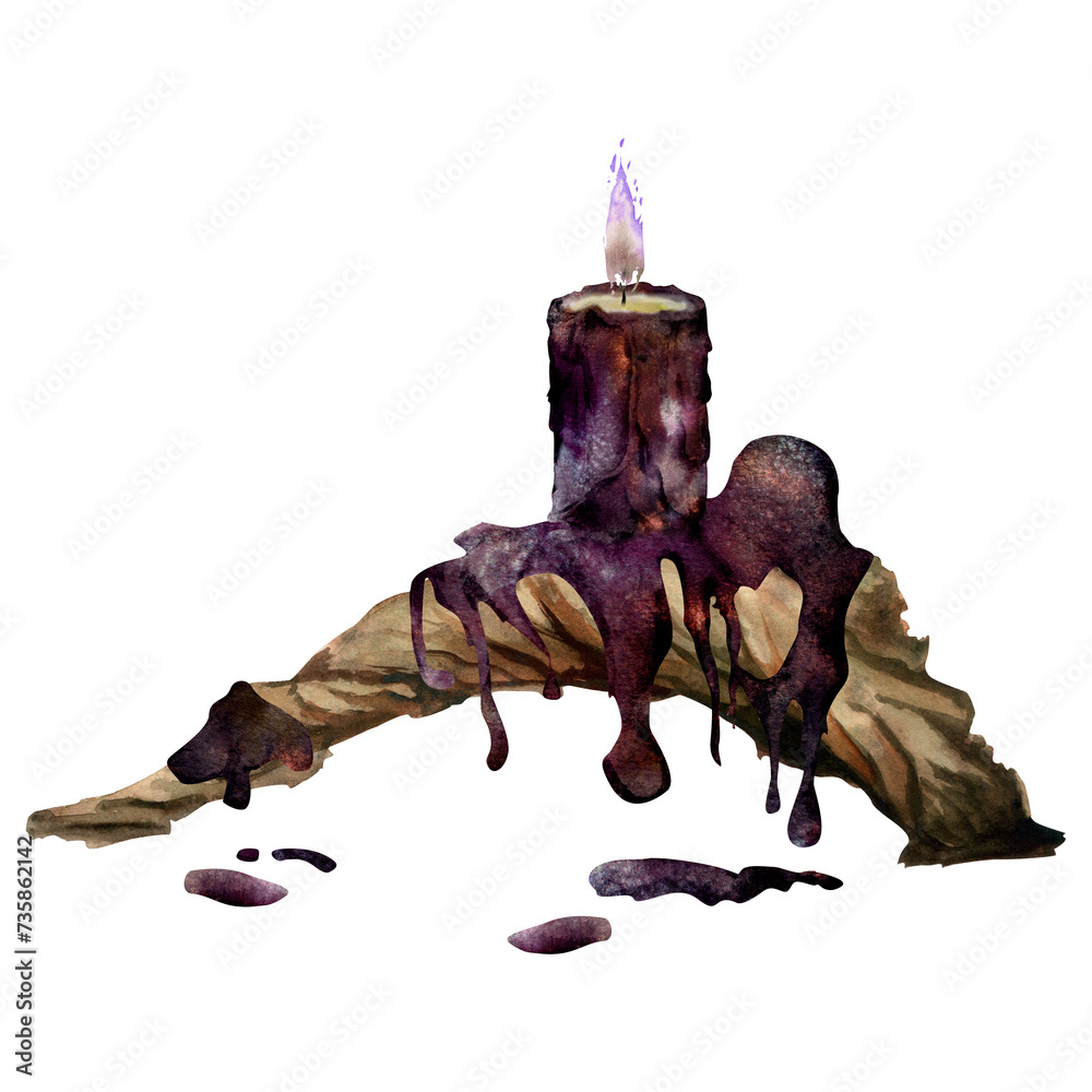 Obraz premium Hand drawn watercolor sea witch altar objects. Burning pillar and ball votive candles on bog driftwood, gothic purple. Composition isolated on white background. Design print, shop, magic, witchcraft