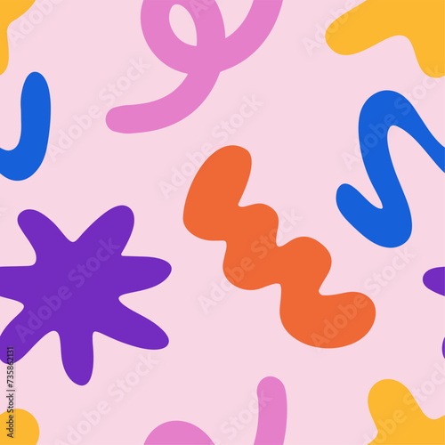 90 Cool Brutalism Seamless pattern. Naive playful color shapes in trendy brutalist style. Brutal contemporary figure. Swiss design Geometric background for poster, T-shirt. Vector illustration.