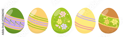 Set of Easter eggs with different colored decor. The elements are decorated with spring floral arrangements and ribbons. Vector isolated border drawing for decor, design, social networks, posts, magaz photo