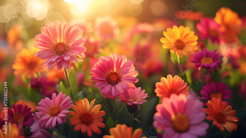 colorful flowers in the garden at sunrise