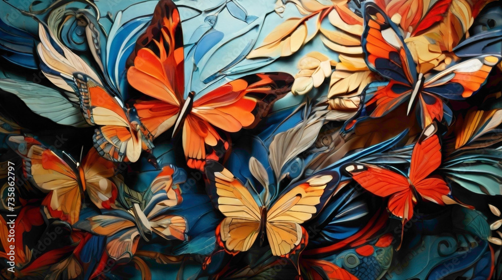 colorful butterflies background of the wall painting inelastic point of view butterflies design and colorful background  - obrazy, fototapety, plakaty 