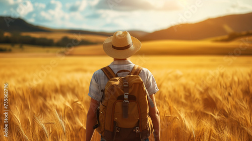 Traveler stands amidst wheat field.