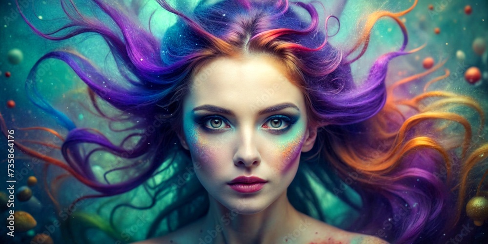Frontal portrait of a whimsical and colorful woman resembling a mermaid or siren. Fair complexion, youthful features, wide open eyes, and delicate freckles on nose and cheeks. Vibrant