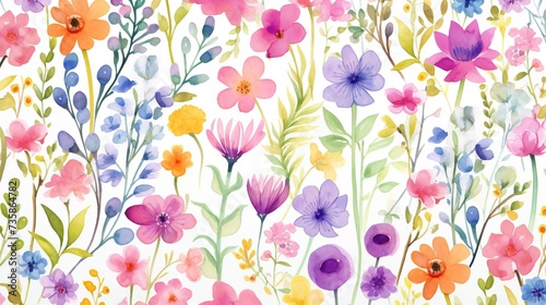 Fototapeta Naklejka Na Ścianę i Meble -  Watercolor flowers seamless pattern with leaves and floral branches. Hand drawn watercolor floral pattern on a white background.