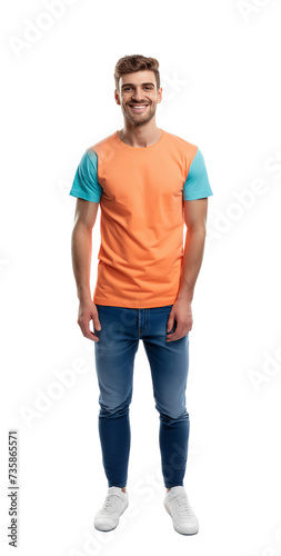 Young adult smiling man in t-shirt isolated on transparent white background. Full body