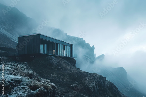 Foggy house on rocky hill with landscape  water  and cloudy sky.