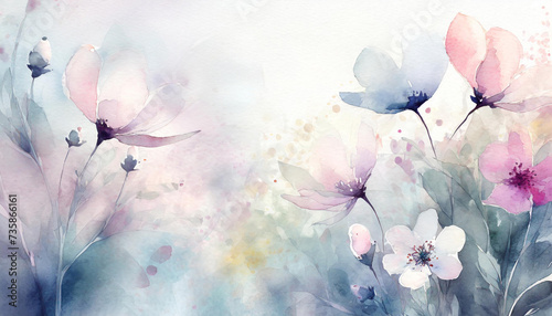 Fototapeta Naklejka Na Ścianę i Meble -  Piękna pastelowa akwarela, kwiaty na łące, dekoracja, tekstura, generative ai