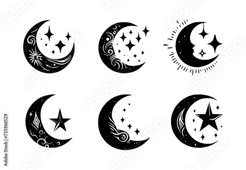 set of moon and stars silhouettes on isolated background