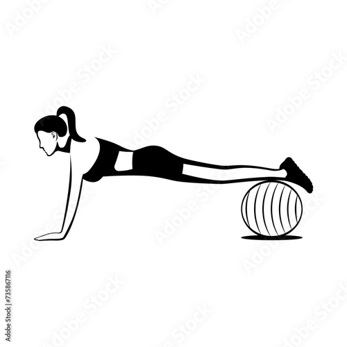 Girl doing fitness with fitball. Workout black icon. Woman in sportswear exercising her abs on a blue pilates ball. Fitness concept. Vector illustration flat design. Isolated on white background.