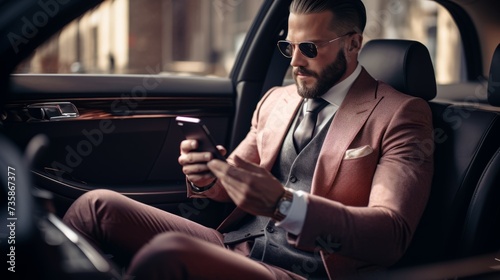 A handsome fashionable businessman is typing a message on the phone using a smartphone while sitting in a luxury car. © liliyabatyrova