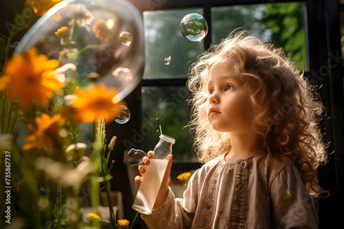 Little girl blowing soap bubbles in the garden