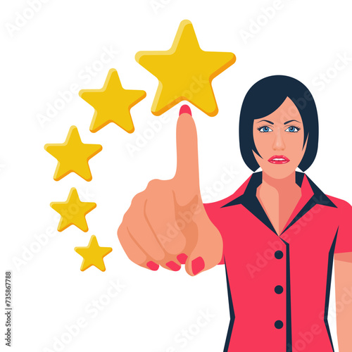 Star rating. Businesswoman holding a gold star in hand, to give five. Feedback concept. Evaluation system. Positive review. Vector illustration flat design. Isolated on white background. Quality work.