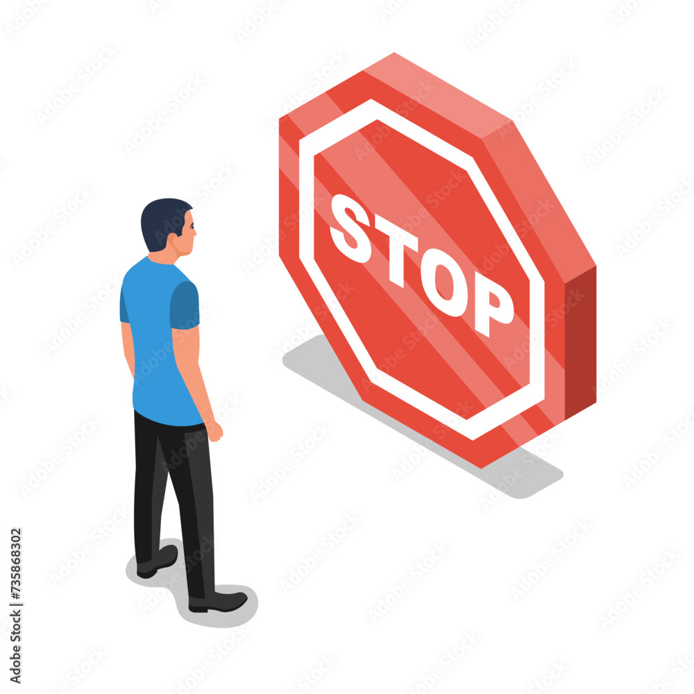 Stop sign on the path of a human. An obstacle in a person's path. Vector illustration isometric design. Isolated on white background. Stop sign on the path of a human. An obstacle in a person's path. Vector illustration isometric design. Isolated on white background.