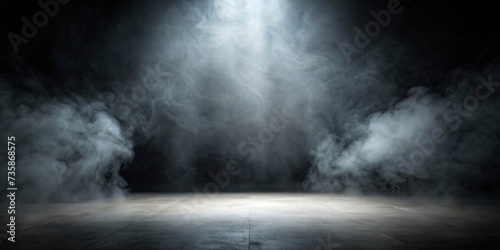 Dark Room Interior with Light and Grunge Texture and Vintage Wood Floor Amidst Smoke and Fog