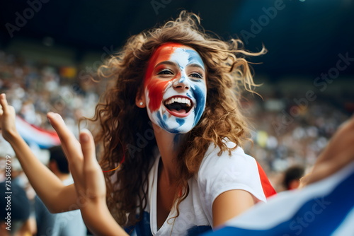 woman soccer fun with painted face of flag France in football stadium photo
