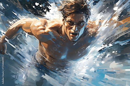 Painting graphic with splashing colors of a swimming man. Olympic games concept.