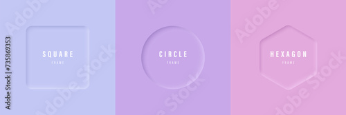 Set of vector square, round and hexagonal frames in lilac-pink shades. Shadow frames for text, creating various designs.