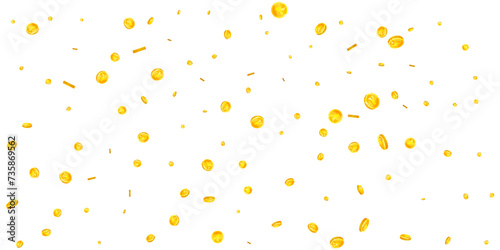 Chinese yuan coins falling. Scattered gold CNY