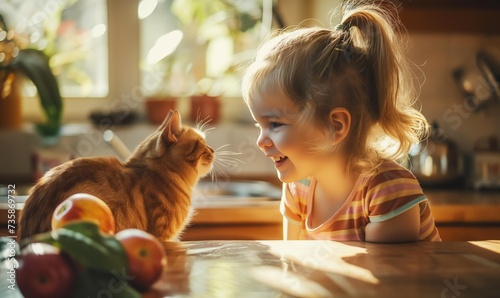 Little blonde girl with ponytail smiling playing with her cat in the kitchen on sunny day