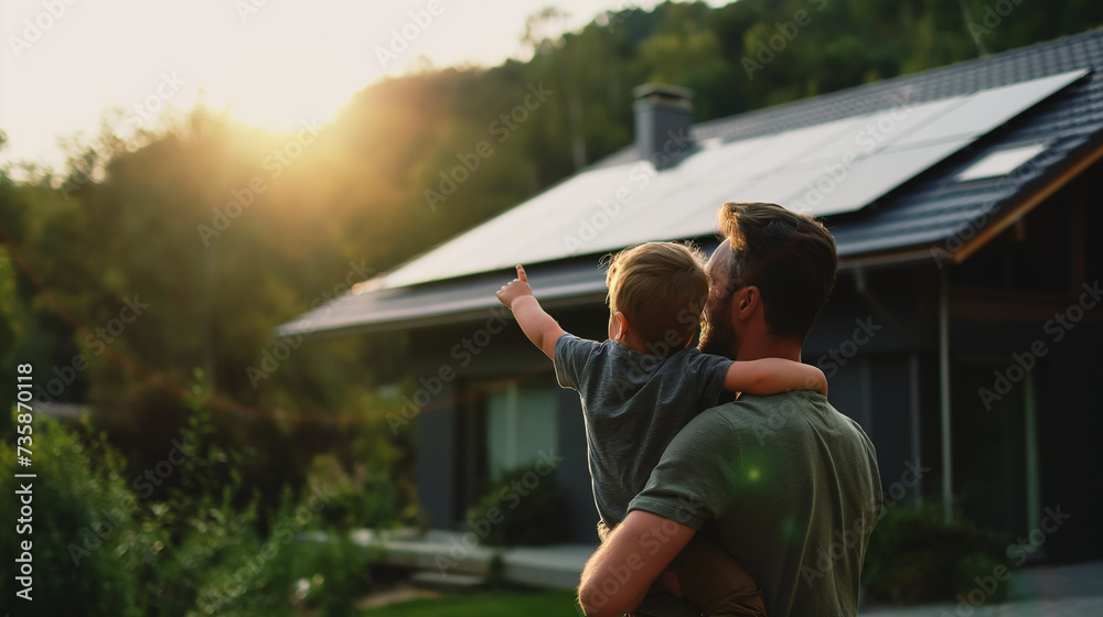 Father carrying son outdoors and pointing on solar panel on the roof