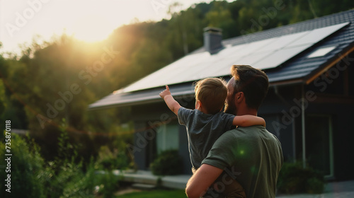 Father carrying son outdoors and pointing on solar panel on the roof photo