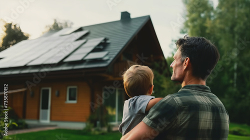 Father carrying son outdoors and pointing on solar panel on the roof