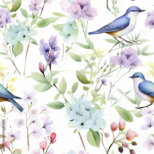 Watercolor spring nature pattern with birds, seamless tile texture. © 3dillustrations