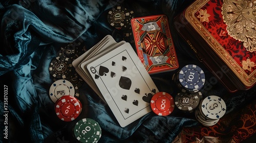 Elegant casino theme with playing cards and poker chips on rich textured fabric. capturing the essence of gambling. perfect for gaming content. AI photo