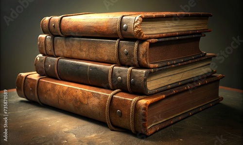 A stack of vintage books with worn leather covers and yellowed pages, showcasing their tactile and aged textures