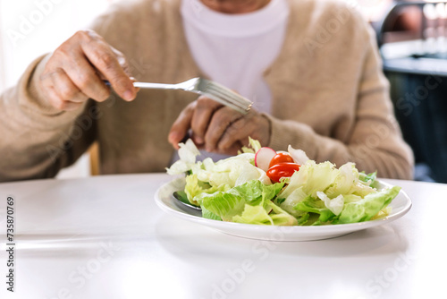 Close up a fresh and clean vegetarian salad (lettuce, tomato and sliced radish) served for senior woman patient at home. Caregiver visit at home. Home health care and nursing home concept.