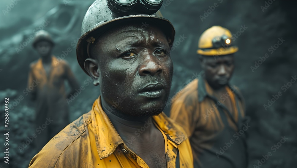 Focused miners wearing hard hats at work in a dusky mine. drama in the depths. evocative and powerful portrait of teamwork. AI