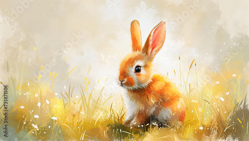 Watercolor illustration of a cute fluffy rabbit sitting on spring field with wildflowers and grass. Happy Easter. Cartoon character for nursery, baby shower. Background, card, banner with copy space