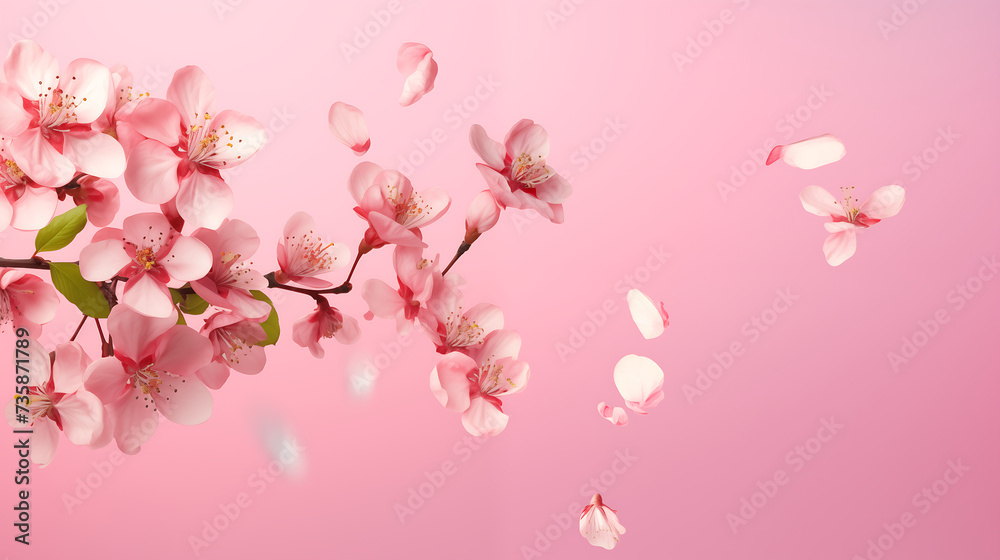 Beautiful Spring Sakura tree flowers blossoms flying on pink background. Flowers tree branch blooming. Springtime concept background. Cherry Japan Sakura flowers 