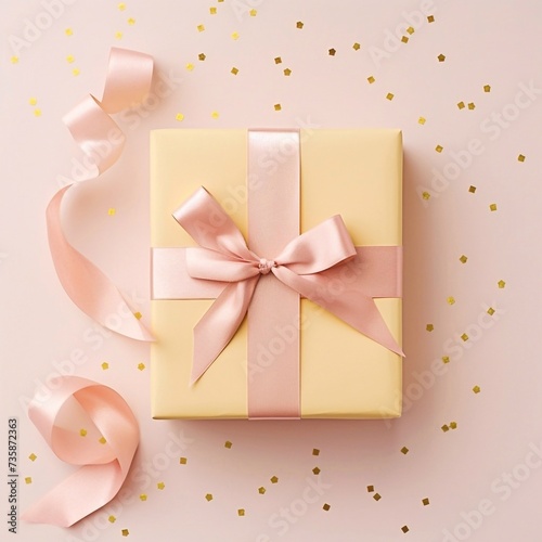 A beautiful yellow giftbox with a pastel pink bow on a pink color background with sequences of confetti and ribbons. © Katerina