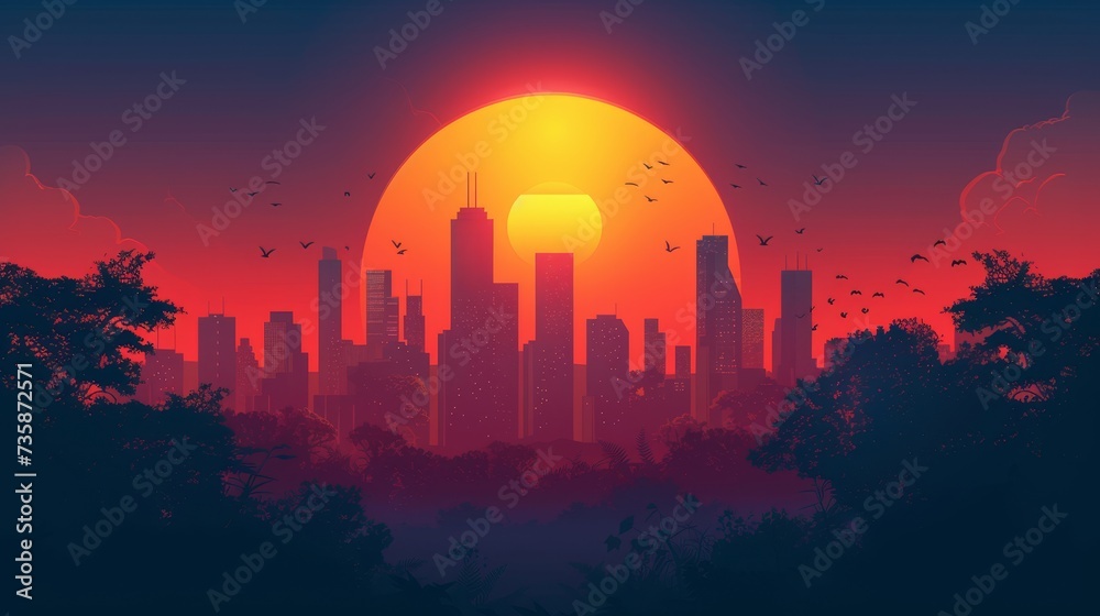 City Skyline Silhouette with Gradient Sunset