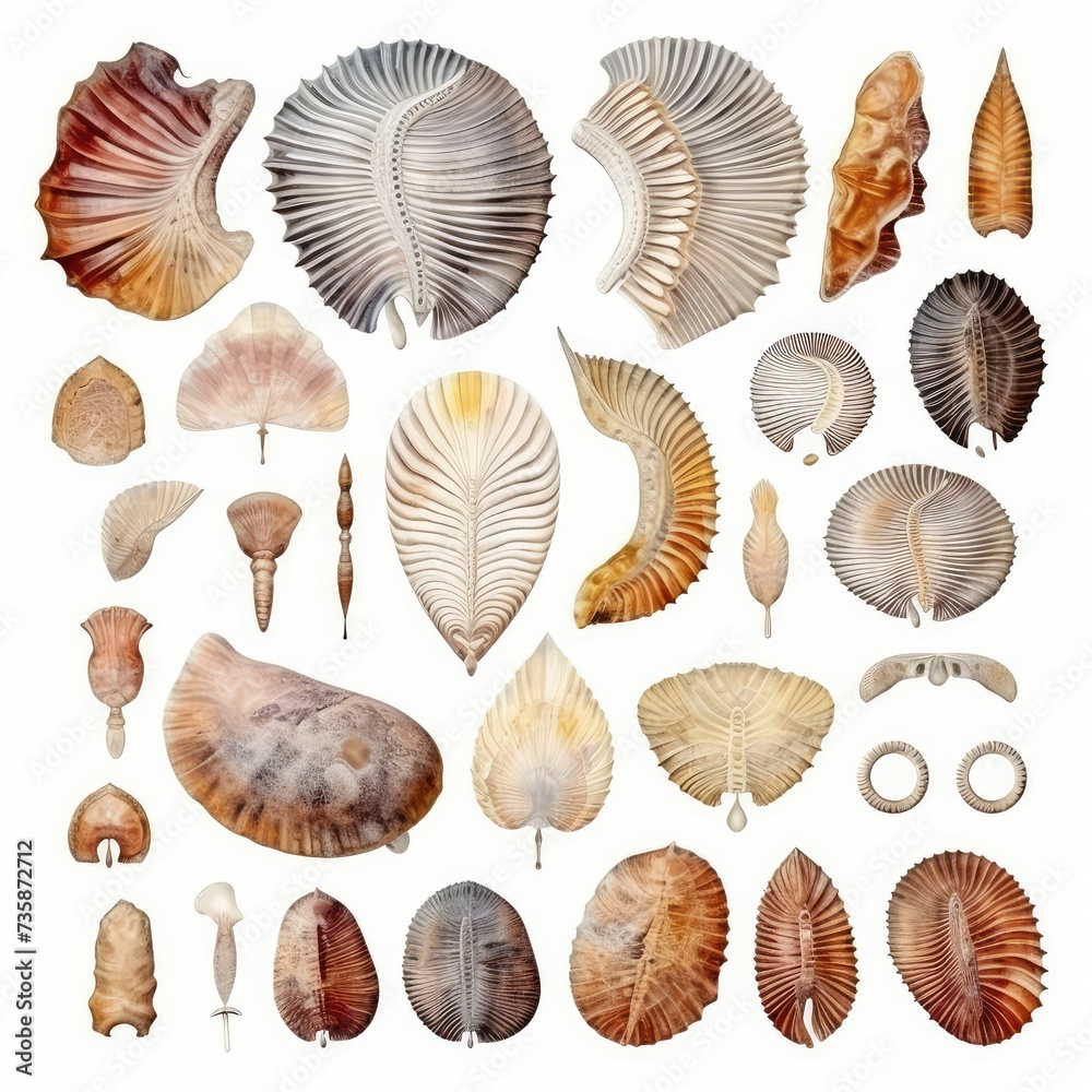 Fossils Set, Archeologic Fossil Dig Collection Isolated, Fossilized Prints of Prehistoric Plants and Animals Fossils Set, Archeologic Fossil Dig Collection Isolated, Fossilized Prints of Prehistoric Plants and Animals