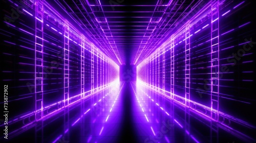 Data center room with server in purple neon glow, server room