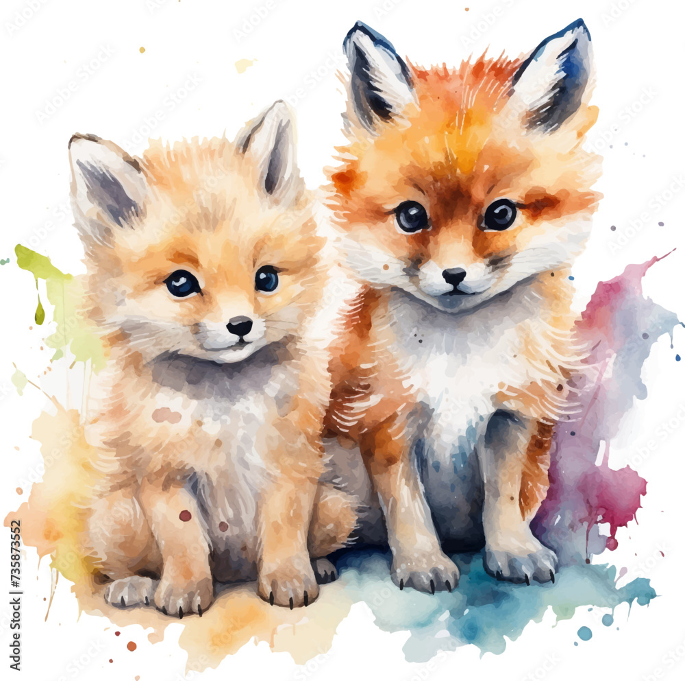 Fototapeta premium Two fox puppies, watercolor