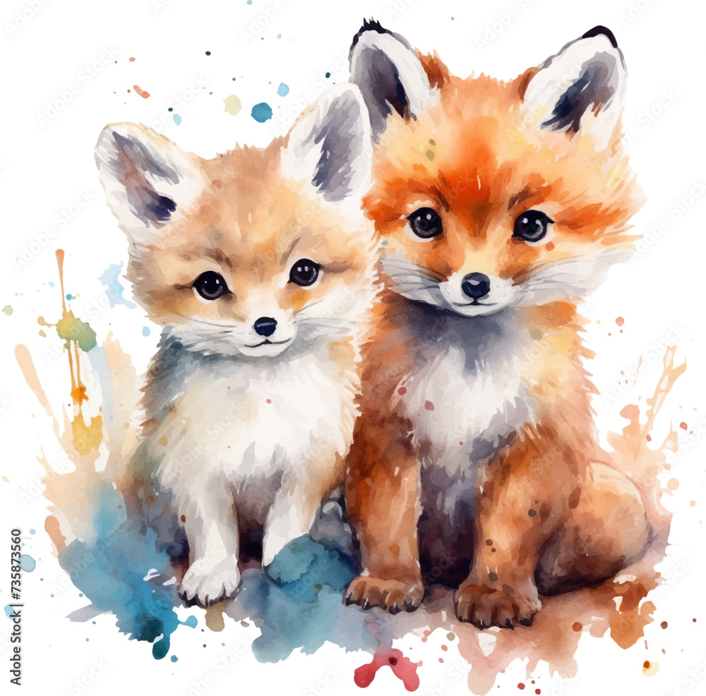 Fototapeta premium Two fox puppies, watercolor