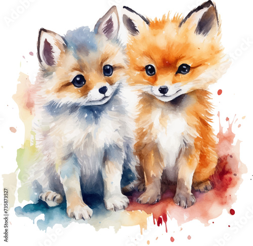 Two fox puppies, watercolor