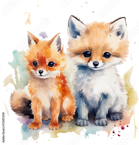 Two fox puppies, watercolor