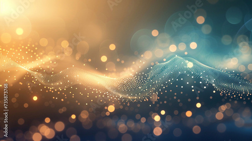 Digital wave background in blue and golden colors. A wave of small bright blue energy particles.