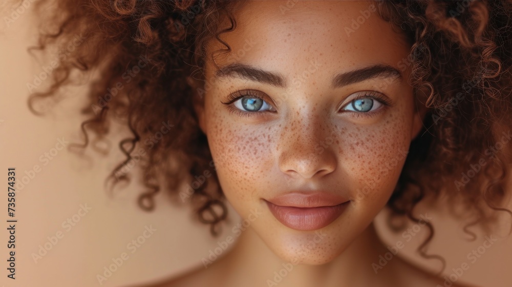 closeup of girl with dark skin, curly red hair, expressive light eyes and freckles on her face on beige background, natural natural beauty closeup of girl with dark skin, curly red hair, expressive light eyes and freckles on her face on beige background, natural natural beauty