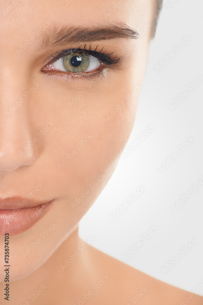 Beauty, portrait and girl for skincare with makeup for natural look, closeup and wellness for self care. Woman, dermatology and cosmetic in studio with mockup, facial and routine for healthy skin Beauty, portrait and girl for skincare with makeup for natural look, closeup and wellness for self care. Woman, dermatology and cosmetic in studio with mockup, facial and routine for healthy skin