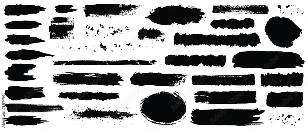 Set of Black ink vector stains. collection of black paint, ink brush strokes, brushes, lines, grungy Isolated on white background.  Vector illustration. 