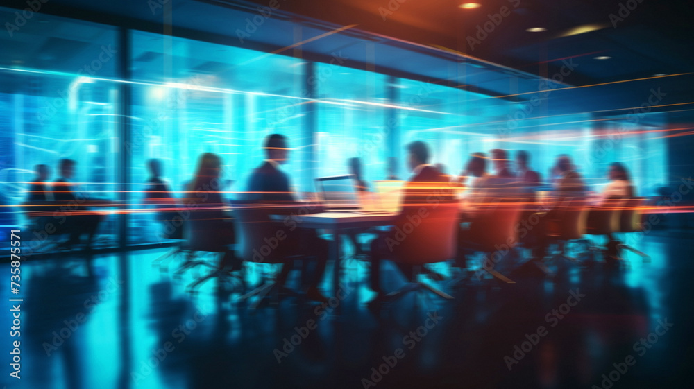 Business people meeting with moody motion blur overlay, Modern tech office space concept | Generative AI