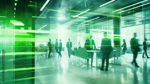 Business people meeting in office space with colorful blue green overlay  Modern tech conference room concept   Generative AI