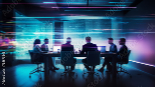Business people meeting with pink neon motion blur overlay, Colorful modern tech office concept | Generative AI
