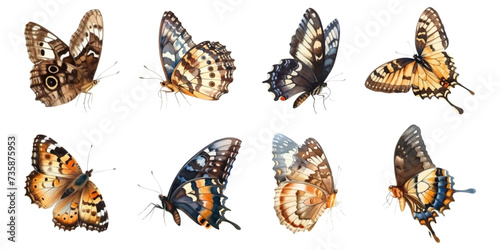 Set of butterflies, side view, watercolor on white background photo