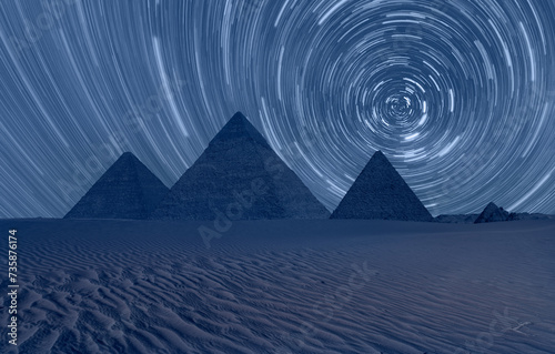 Giza Pyramid Complex with Starry sky at night - Cairo  Egypt 